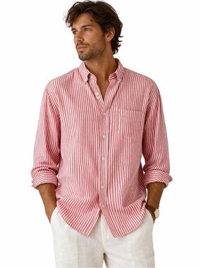 Soul of London Linen Cotton Stripe Button Down Shirt Men’s Large Red